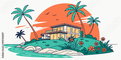 A tropical island with a house and palm trees Vector