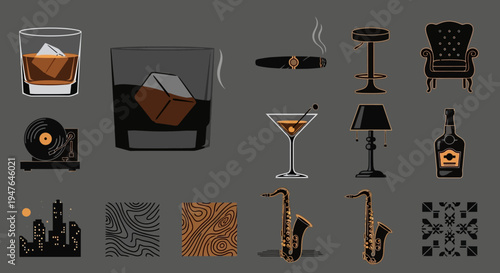 Retro Bar & Jazz Night Icons: Whiskey, Saxophone, Cigar, Vinyl Record, Cityscape