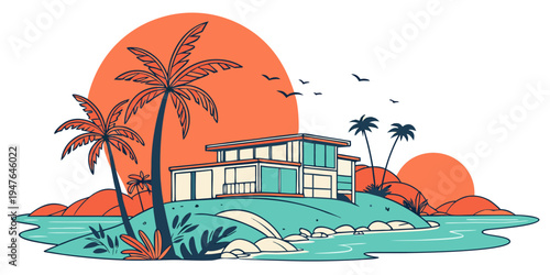 A colorful tropical island with a house and palm trees Vector