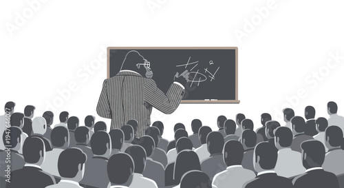 A gorilla professor lectures to a seated audience of silhouetted people