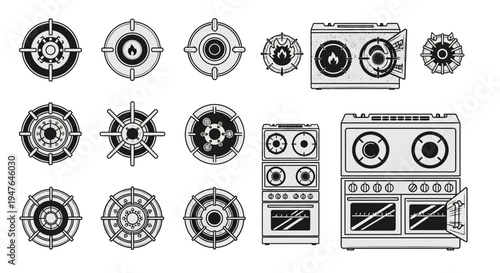 Retro Gas Stove Burners and Ovens Vector Icons Set