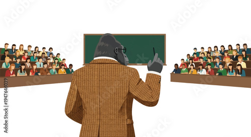 A gorilla professor delivers a lecture to a diverse group of students