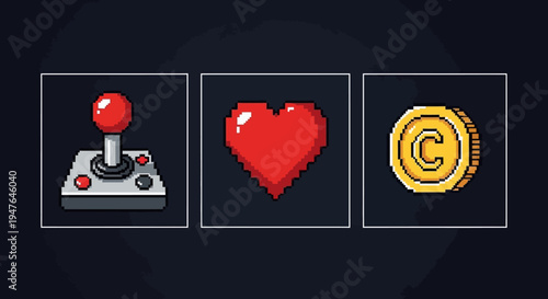 Retro Pixel Art Gaming Icons: Joystick, Heart, Coin