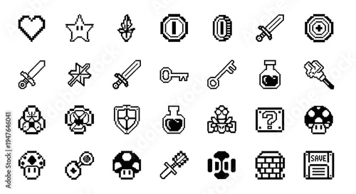 Retro Pixel Art Game Icons: Heart, Star, Sword, Mushroom, Potion, Key, Shield