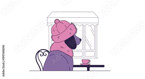 A pink dog wearing a hat sits at a cafe table with tea