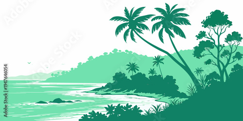 A tropical island with palm trees and a body of water Vector