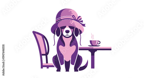 A beagle wearing a hat enjoys a cup of tea at a table
