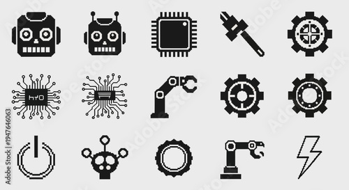 Robotics and Technology Icons: Pixel Art Set