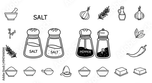 Salt and Pepper Shakers, Spices, Ingredients and Kitchen Utensils Icons