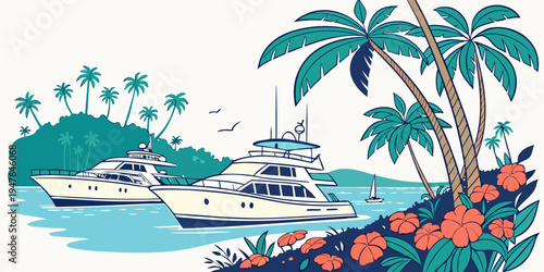 A yacht and a speedboat in a tropical bay Vector