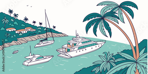 A serene tropical bay with boats and palm trees Vector