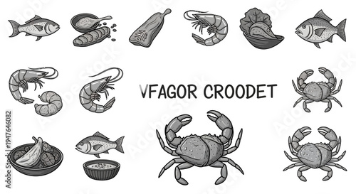 Seafood Collection: Fish, Shrimp, Crab, Oysters, and Vegetables - Line Art