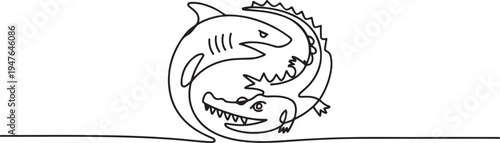 Taman surabaya, the shark and the crocodille as the symbol of bravery and fighter in Surabaya. one line art icon drawing vector