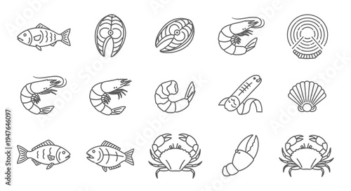 Seafood Icons: Fish, Shrimp, Crab, Shellfish, Salmon Steak - Line Art Collection