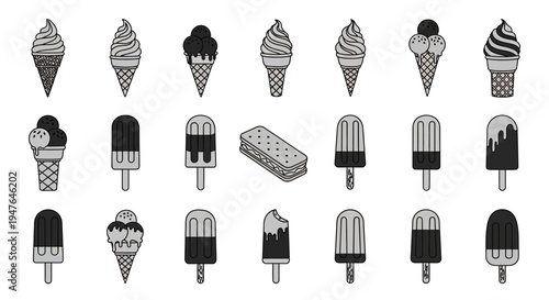 Set of Ice Cream and Popsicle Icons, Black and White Flat Design
