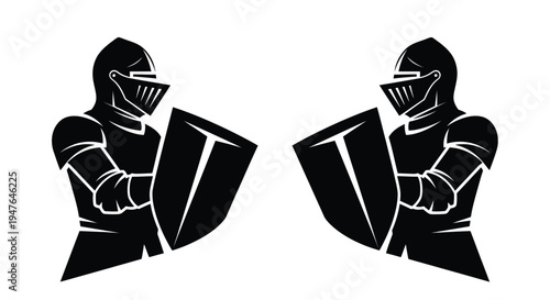 Two medieval knights in armor stand facing each other with shields