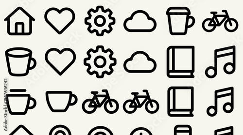 Set of Simple Icons: Home, Heart, Gear, Cloud, Coffee, Bicycle, Book, Music