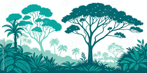 A group of trees and bushes in a jungle Vector