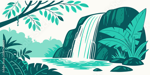 A waterfall in a lush green forest with rocks and plants Vector