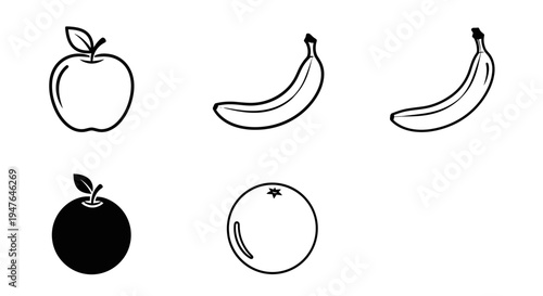 Simple Fruit Icons: Apple, Banana, Orange - Line Art and Silhouette