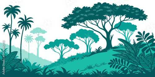 A scenic landscape of a tropical forest with trees and plants Vector