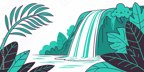 A tropical waterfall surrounded by lush greenery Vector