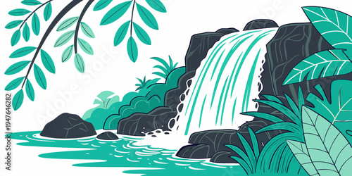 A waterfall surrounded by lush greenery and rocks Vector