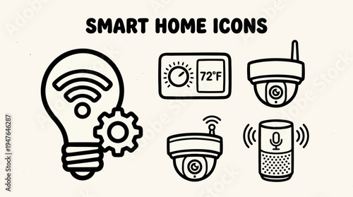 Smart Home Icons: Light Bulb, Thermostat, Cameras, Smart Speaker