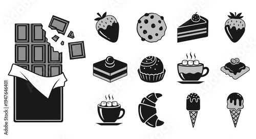Sweet Treats Icons: Chocolate Bar, Cake, Cookie, Strawberry, Croissant, Ice Cream, Hot Chocolate