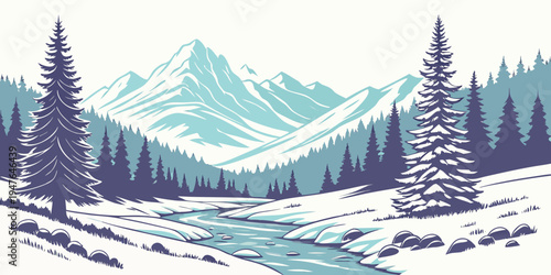 Snowy mountain landscape with trees and river Vector