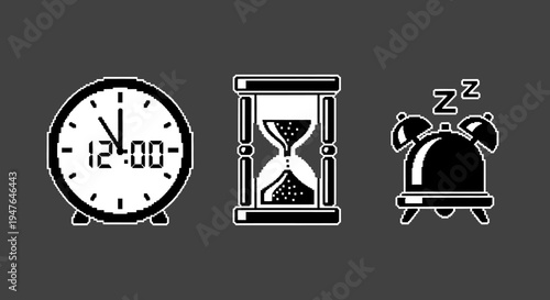 Time Icons: Clock, Hourglass, and Alarm Clock with Sleep Zzz