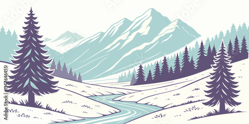 A snowy landscape with trees and mountains Vector