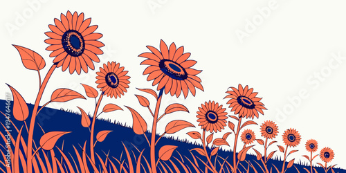 A row of sunflowers standing tall in a field Vector