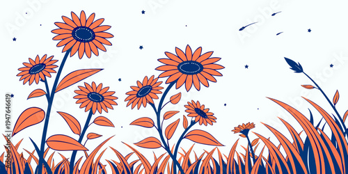 A group of orange flowers with blue centers Vector