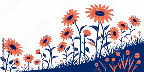 A group of orange flowers on a blue hill Vector