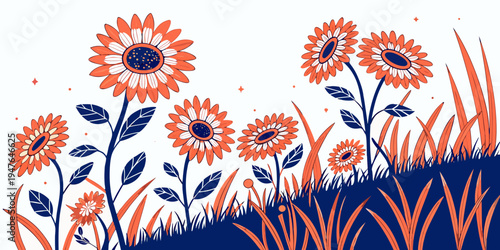 A group of orange sunflowers and grass Vector