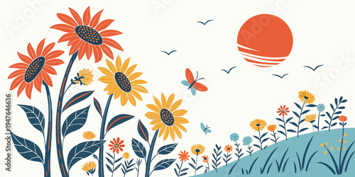 A colorful floral landscape with sunflowers and a butterfly Vector