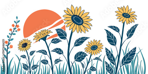 A field of sunflowers at sunset Vector