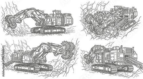 Heavy Mining Equipment Line Art Set