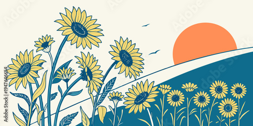 A field of sunflowers at sunset Vector