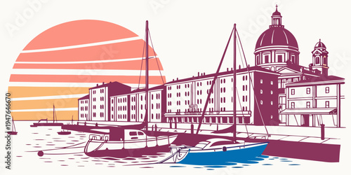 A city skyline with a large building and a body of water Vector