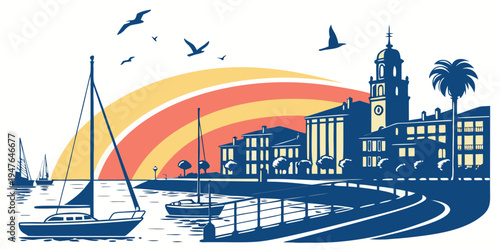 A city skyline with a sailboat and seagulls at sunset Vector