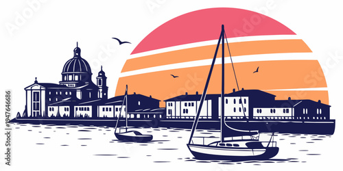 Sailboat in front of a city skyline at sunset Vector