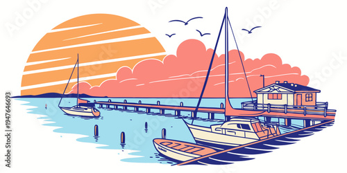 Sailboats are moored in a harbor at sunset Vector