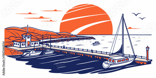 A large ship sails in front of a sunset Vector