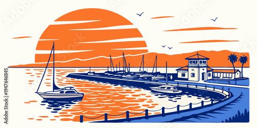 A serene harbor scene at sunset with boats docked Vector