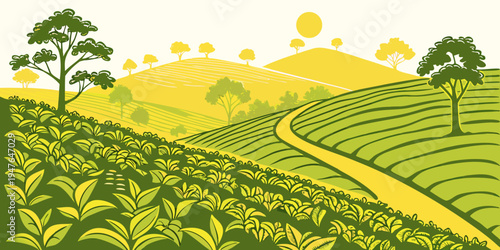 A green tea plantation on a hillside with trees Vector