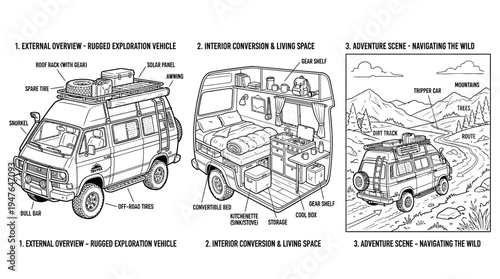 Rugged Exploration Vehicle Overview Interior and Adventure Scene