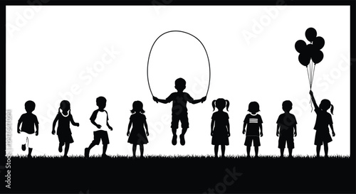 Children playing silhouette vector with kids running jumping rope and holding balloons outdoor childhood activity illustration isolated black figures