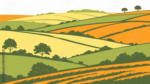 A landscape of rolling hills and fields with trees Vector